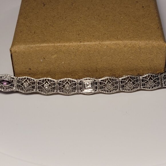 Antique Jewelry - Art Deco Diamond Amethyst Filigree Antique Bracelet 10k White Gold Price is Firm